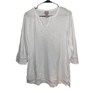 Chicos Women’s White 3/4 Sleeve Long Blouse With Sheer Lace Trim Sz 2 (L 12)